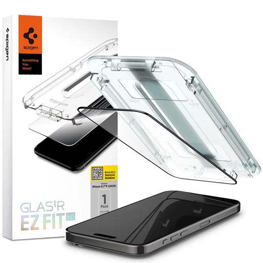 Spigen GLAS.TR EZ FIT FC – grūdintas stiklas skirtas iPhone 15 Pro Max (juodas rėmelis)