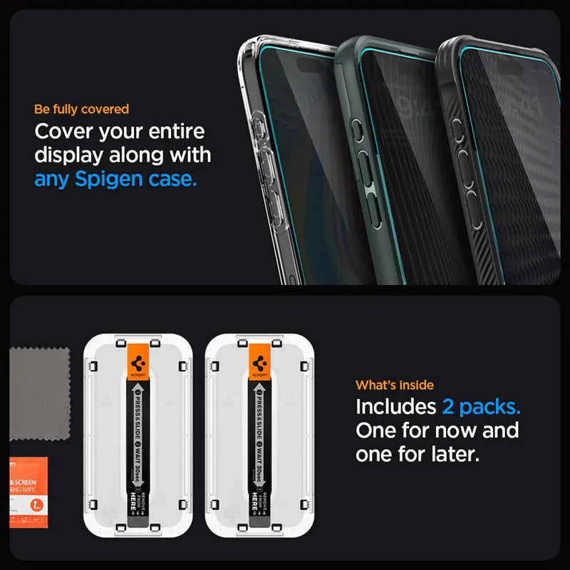 Spigen GLAS.TR EZ FIT Privacy 2 vnt. – grūdintas stiklas su privatumo filtru „iPhone 15“ / 16, 2 vnt.