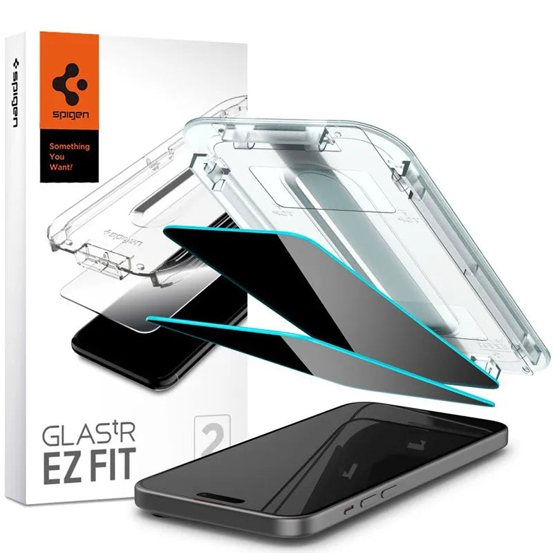 Spigen GLAS.TR EZ FIT Privacy 2 vnt. – grūdintas stiklas su privatumo filtru „iPhone 15“ / 16, 2 vnt.