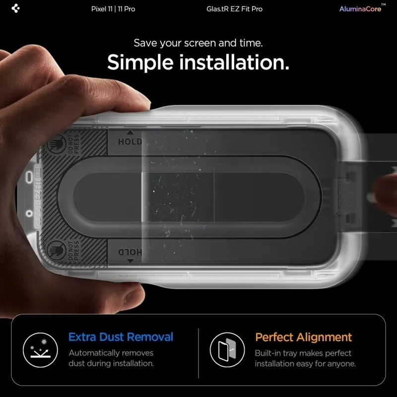 Spigen Glas.tR EZ Fit Pro AC 2-Pack – grūdintas stiklas, skirtas Google Pixel 11 / 11 Pro (2 vnt.)