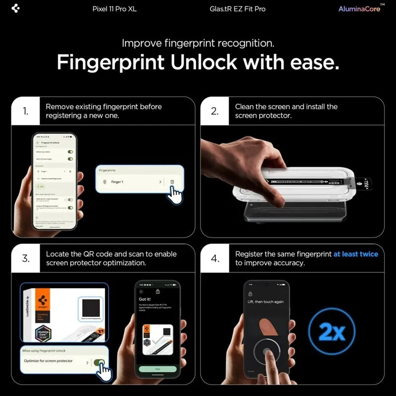 Spigen Glas.tR EZ Fit Pro AC 2 pakuotės - grūdintas stiklas, skirtas Google Pixel 11 Pro XL (2 vnt.)