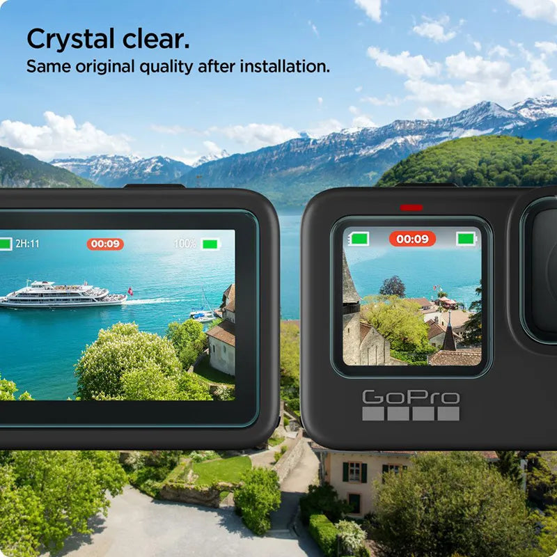 Spigen Glas.TR Slim + plėvelė, 2 vnt. – stiklo ir plėvelės rinkinys, skirtas GoPro Hero 12 / 11 / 10 / 9 (2 komplektai)