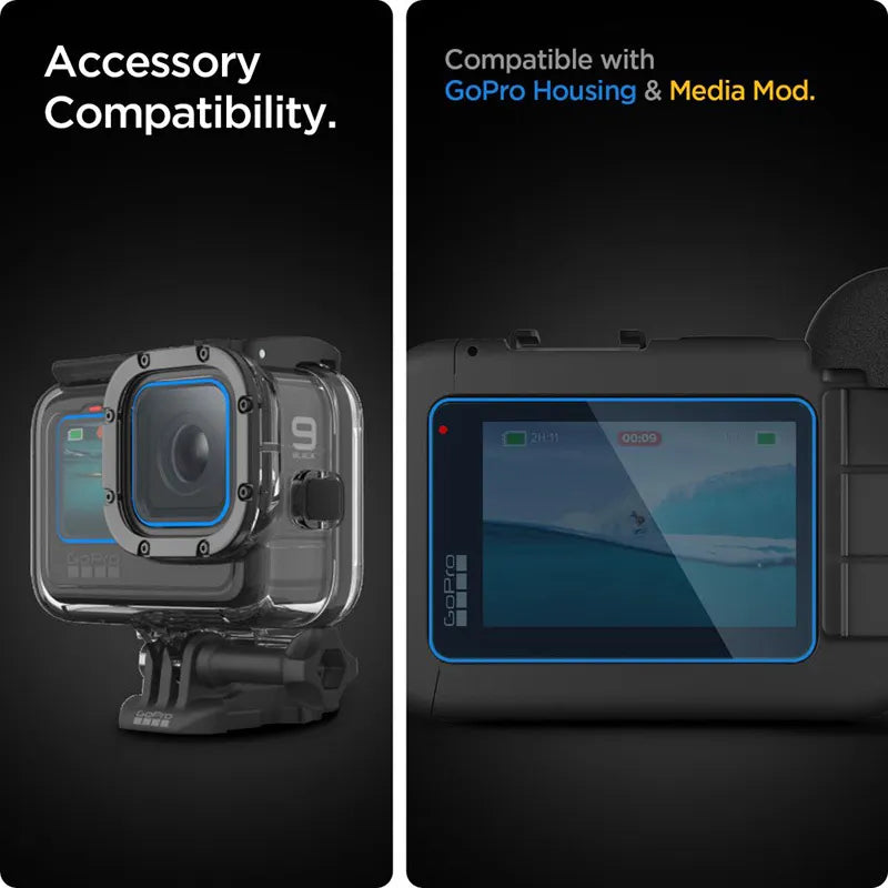 Spigen Glas.TR Slim + plėvelė, 2 vnt. – stiklo ir plėvelės rinkinys, skirtas GoPro Hero 12 / 11 / 10 / 9 (2 komplektai)