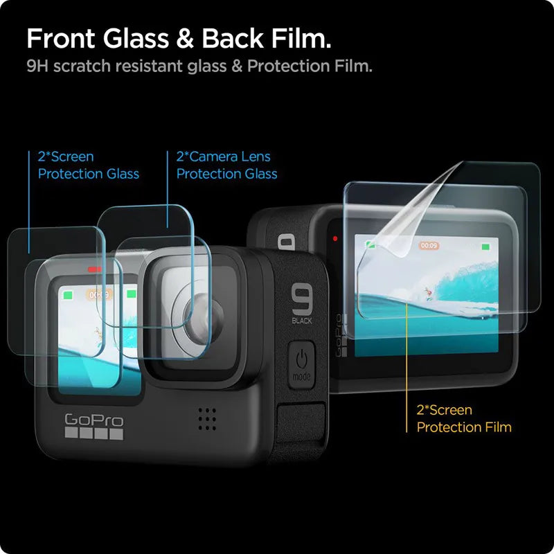 Spigen Glas.TR Slim + plėvelė, 2 vnt. – stiklo ir plėvelės rinkinys, skirtas GoPro Hero 12 / 11 / 10 / 9 (2 komplektai)