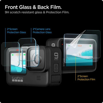 Spigen Glas.TR Slim + plėvelė, 2 vnt. – stiklo ir plėvelės rinkinys, skirtas GoPro Hero 12 / 11 / 10 / 9 (2 komplektai)