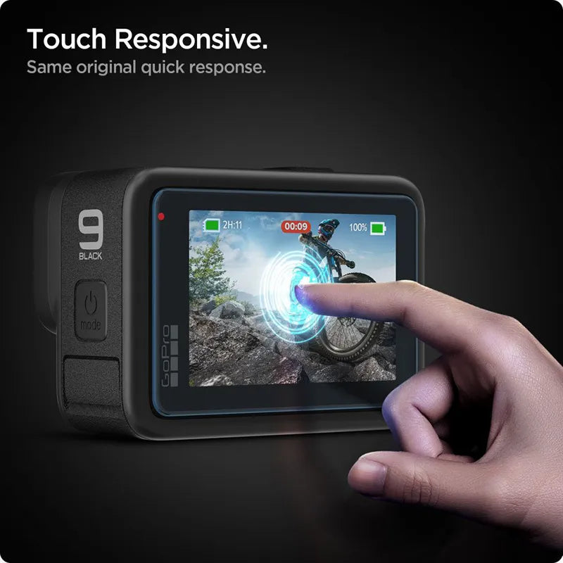 Spigen Glas.TR Slim + plėvelė, 2 vnt. – stiklo ir plėvelės rinkinys, skirtas GoPro Hero 12 / 11 / 10 / 9 (2 komplektai)