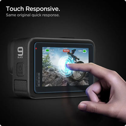 Spigen Glas.TR Slim + plėvelė, 2 vnt. – stiklo ir plėvelės rinkinys, skirtas GoPro Hero 12 / 11 / 10 / 9 (2 komplektai)