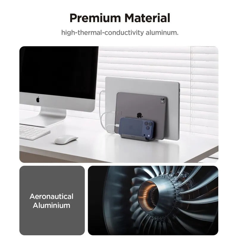 Spigen LD208S4 vertikalus nešiojamojo kompiuterio stovas – aliumininis organizatorius/stovas 4 įrenginiams (Space Gray)