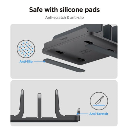 Spigen LD208S4 vertikalus nešiojamojo kompiuterio stovas – aliumininis organizatorius/stovas 4 įrenginiams (Space Gray)