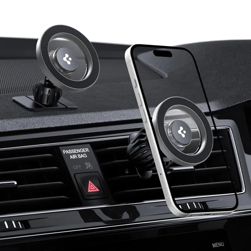 Spigen MFT13 magnetinis laikiklis prietaisų skydeliui ir ventiliacijos angai – Magnetinis automobilinis laikiklis MagSafe (Sidabrinis)