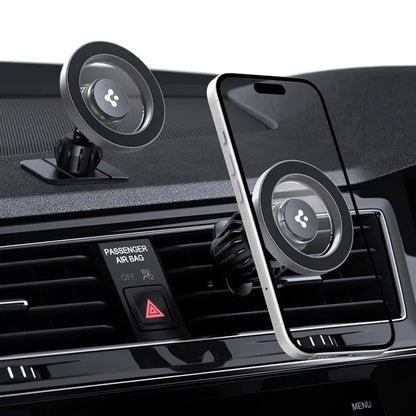 Spigen MFT13 magnetinis laikiklis prietaisų skydeliui ir ventiliacijos angai – Magnetinis automobilinis laikiklis MagSafe (Sidabrinis)