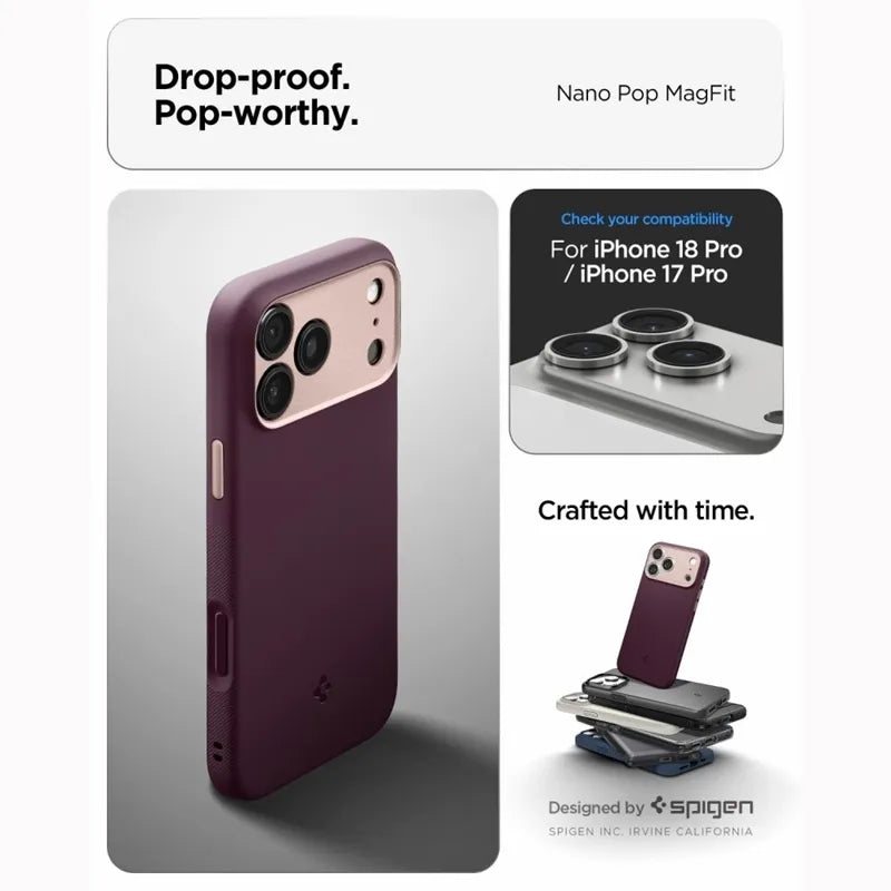 Spigen Nano Pop Mag MagSafe – dėklas, skirtas iPhone 18 Pro / 17 Pro (Burgundy Bean)