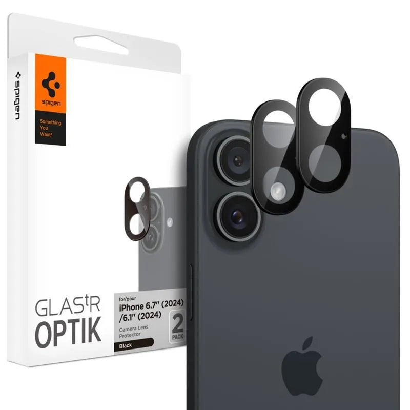 Spigen Optik GLAS.TR kameros apsauga (2 vnt.) – objektyvo apsauga, skirta iPhone 16 / 16 Plus (juoda)