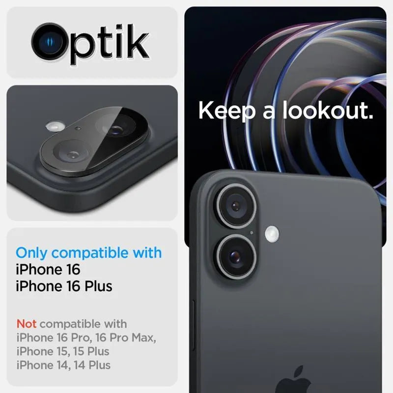 Spigen Optik GLAS.TR kameros apsauga (2 vnt.) – objektyvo apsauga, skirta iPhone 16 / 16 Plus (juoda)
