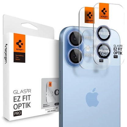 Spigen Optik Pro GLAS.TR EZ Fit Kamera Dangtelis 2 vnt. - Stiklinis Objektyvo Dangtelis, skirtas iPhone 16 / 16 Plus / 17 (2 vnt.) (Mėlynas)
