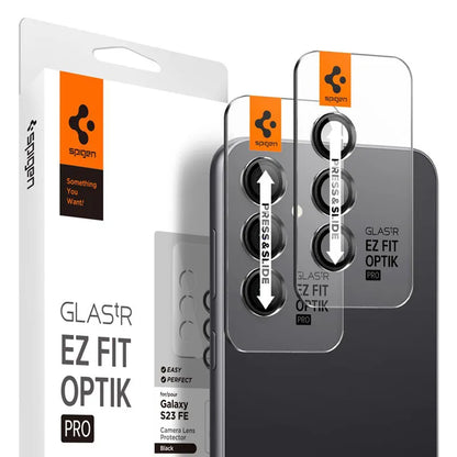 Spigen Optik Pro GLAS.TR EZ Fit kameros apsauga 2-Pack - Lęšio apsauginis stiklas skirtas Samsung Galaxy S23 FE (2 vnt) (juoda)