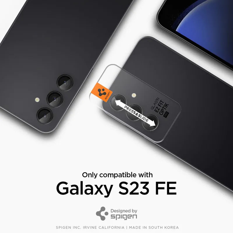 Spigen Optik Pro GLAS.TR EZ Fit kameros apsauga 2-Pack - Lęšio apsauginis stiklas skirtas Samsung Galaxy S23 FE (2 vnt) (juoda)