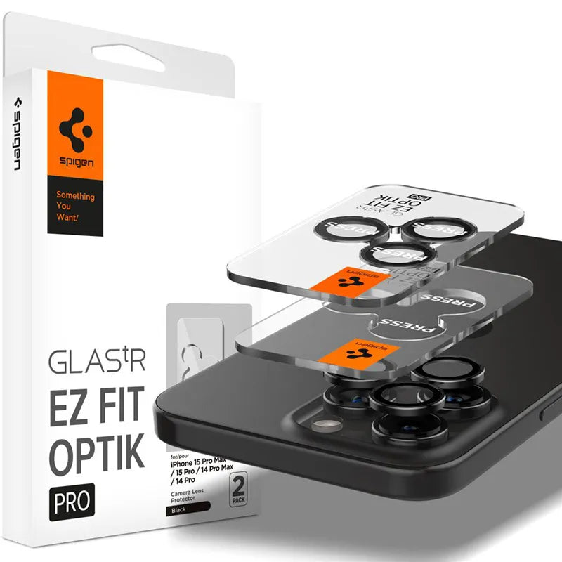 Spigen Optik Pro GLAS.TR EZ Fit kameros apsauga 2 vnt. - objektyvo apsauginis stiklas, skirtas iPhone 16 Pro / 16 Pro Max / 15 Pro / 15 Pro Max / 14 Pro / 14 Pro Max (2 vnt.)