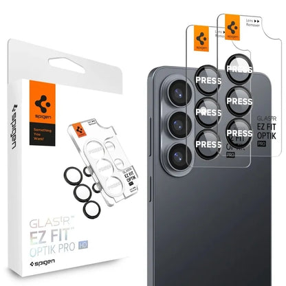 Spigen Optik Pro HD GLAS.TR EZ Fit kameros apsauga 2 vnt. – Stiklinė objektyvo apsauga, skirta Samsung Galaxy S26+ (2 vnt.) (juoda)