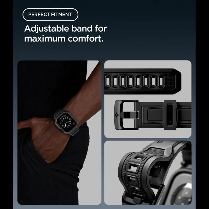 Spigen Rugged Armor Pro – „Apple Watch 12“ 42 mm dirželis su dėklu (matinė juoda)