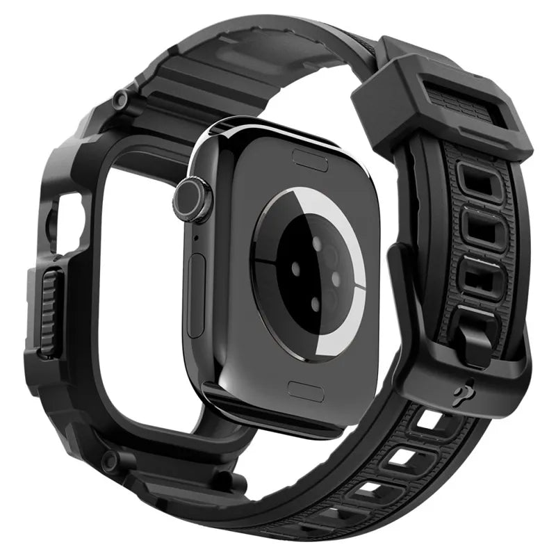 Spigen Rugged Armor Pro – dirželis su apsauginiu korpusu, skirtas „Apple Watch 12“ (46 mm), matinės juodos spalvos