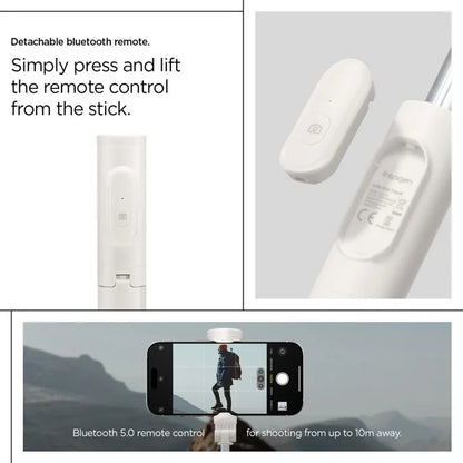 Spigen S541W "Bluetooth" asmenukių lazdelė su trikoju – išmaniojo telefono trikojis / asmenukių lazdelės laikiklis (smėlio spalvos)
