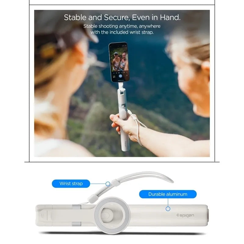 Spigen S582W MagSafe Bluetooth asmenukių lazda ir trikojis – išmaniojo telefono trikojis / asmenukių lazdos laikiklis (Dune Beige)
