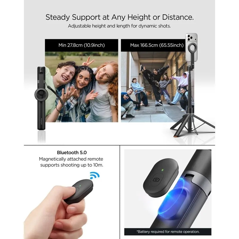 Spigen S582W „MagSafe“ „Bluetooth“ asmenukių lazda ir trikojis – išmaniojo telefono trikojis / asmenukių lazdos laikiklis (juodas)