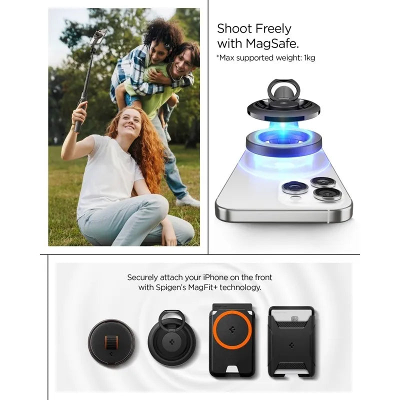 Spigen S582W „MagSafe“ „Bluetooth“ asmenukių lazda ir trikojis – išmaniojo telefono trikojis / asmenukių lazdos laikiklis (juodas)