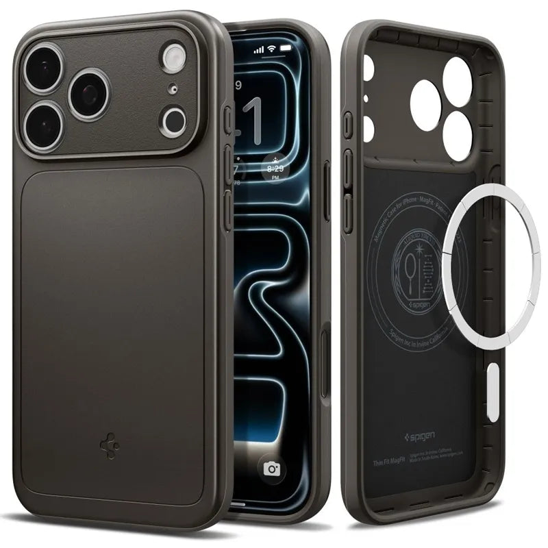 Spigen Thin Fit Mag MagSafe – dėklas, skirtas iPhone 18 Pro / 17 Pro (ginklo metalo spalvos)