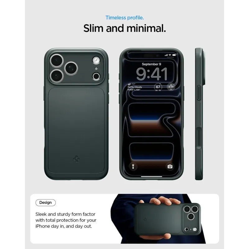 Spigen Thin Fit Mag MagSafe – dėklas, skirtas iPhone 18 Pro Max / 17 Pro Max (Abyss Green)