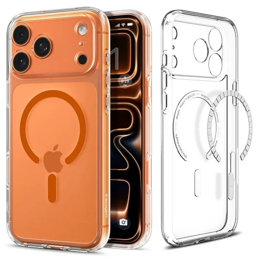 Spigen Ultra Hybrid Mag MagSafe dėklas iPhone 17 Pro (Skaidrus/Oranžinis)