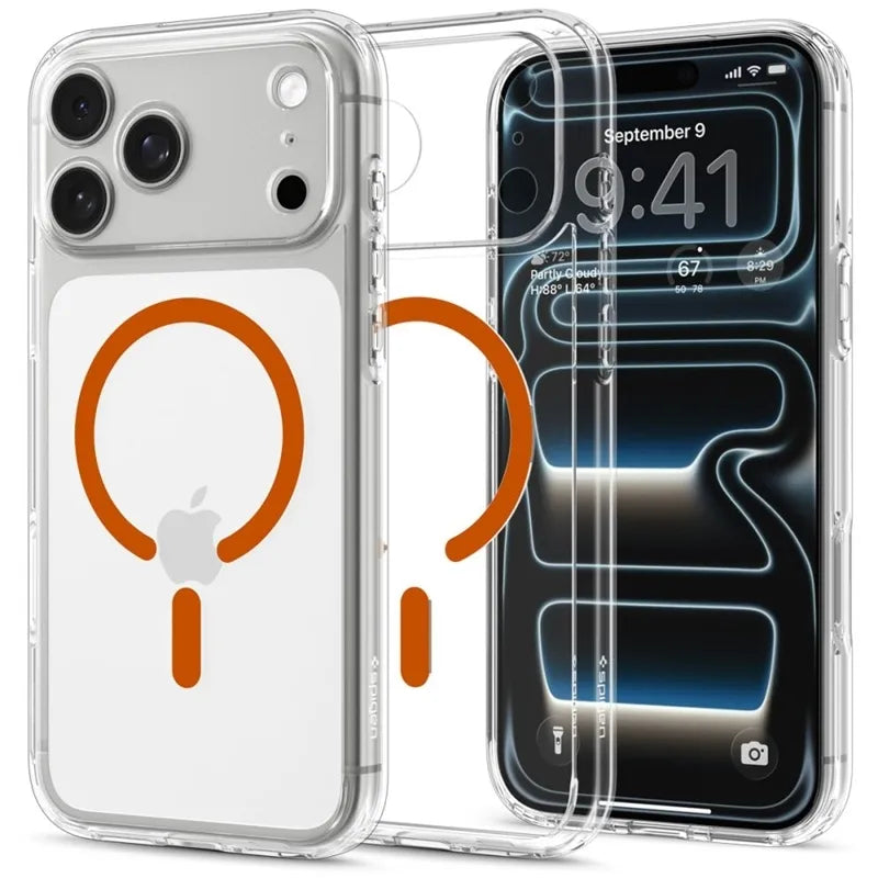 Spigen Ultra Hybrid Mag MagSafe – dėklas, skirtas iPhone 18 Pro / 17 Pro (permatomas / oranžinis)