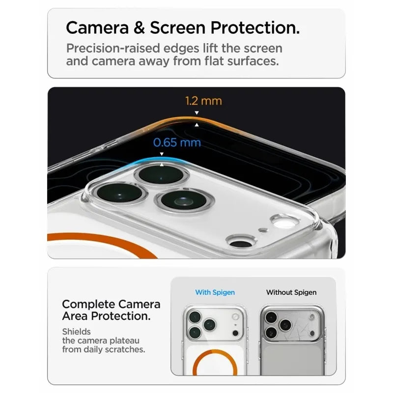 Spigen Ultra Hybrid Mag MagSafe – dėklas, skirtas iPhone 18 Pro / 17 Pro (permatomas / oranžinis)