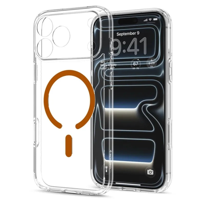 Spigen Ultra Hybrid Mag MagSafe – dėklas, skirtas iPhone 18 Pro / 17 Pro (permatomas / oranžinis)