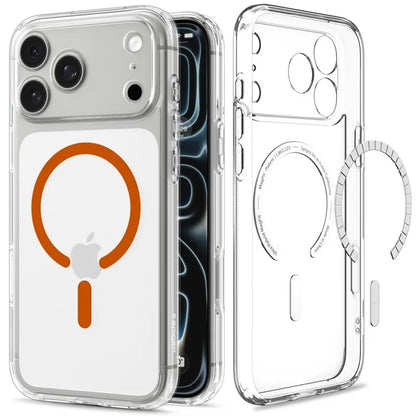 Spigen Ultra Hybrid Mag MagSafe – dėklas, skirtas iPhone 18 Pro / 17 Pro (permatomas / oranžinis)