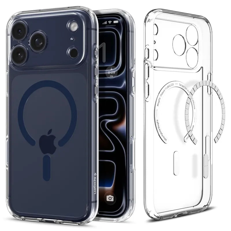 Spigen Ultra Hybrid MagMagSafe dėklas, skirtas iPhone 17 Pro Max (Skaidrus/Tamsiai Mėlynas)
