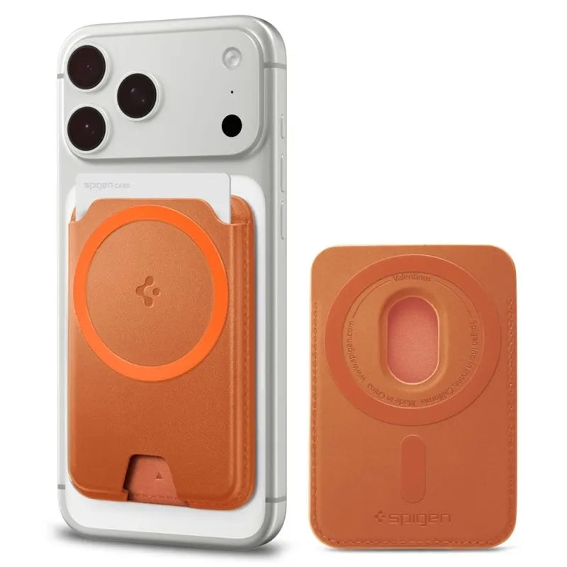 Spigen Valentinus MagFit + MagSafe – magnetinė piniginė (metalinė oranžinė)