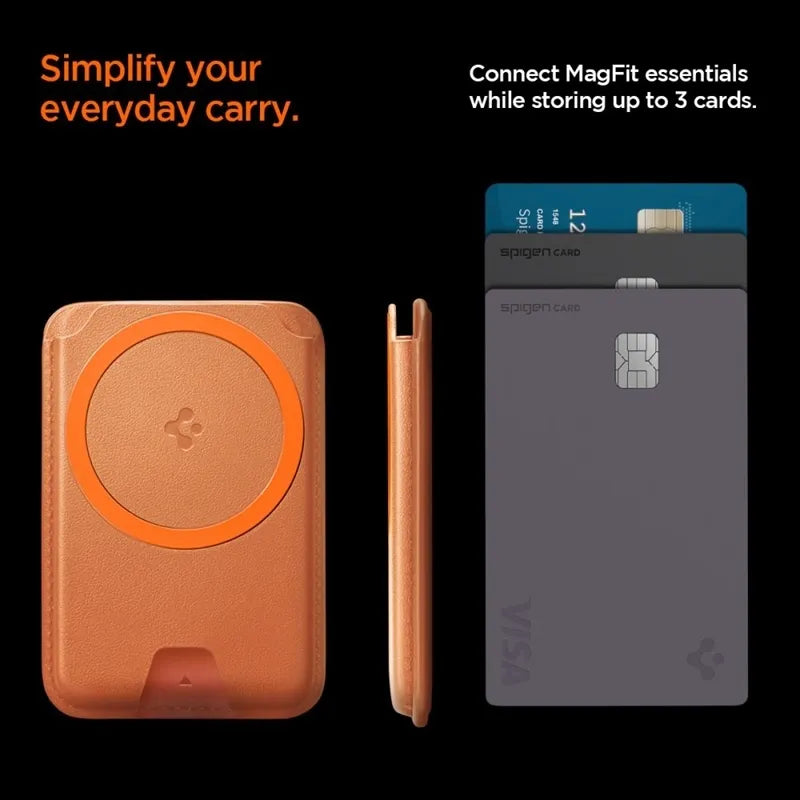 Spigen Valentinus MagFit + MagSafe – magnetinė piniginė (metalinė oranžinė)