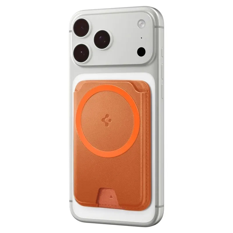 Spigen Valentinus MagFit + MagSafe – magnetinė piniginė (metalinė oranžinė)