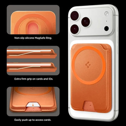 Spigen Valentinus MagFit + MagSafe – magnetinė piniginė (metalinė oranžinė)