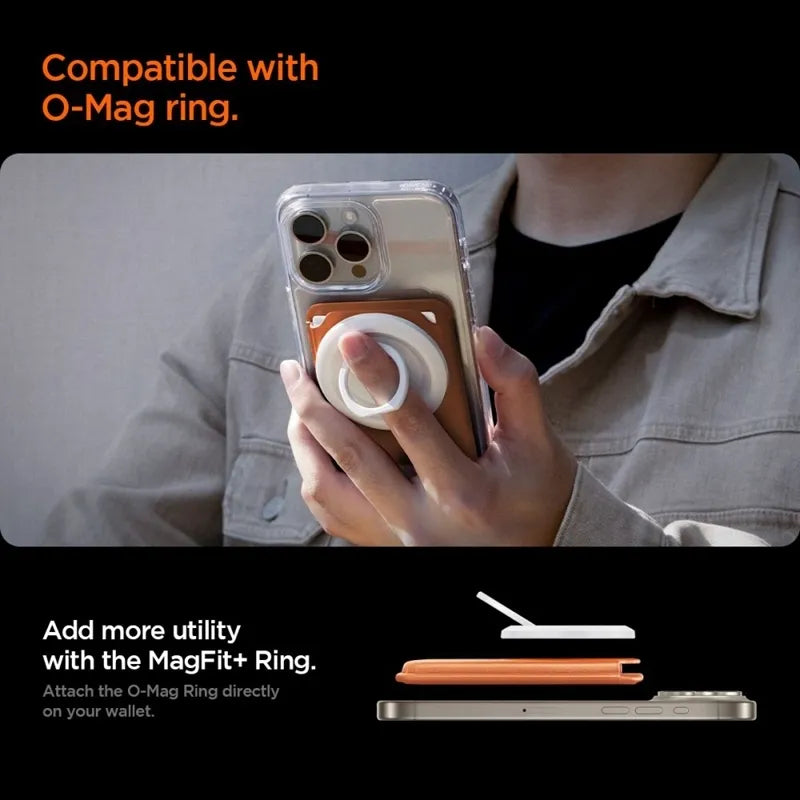 Spigen Valentinus MagFit + MagSafe – magnetinė piniginė (metalinė oranžinė)