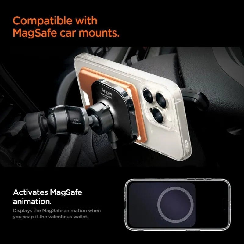 Spigen Valentinus MagFit + MagSafe – magnetinė piniginė (metalinė oranžinė)