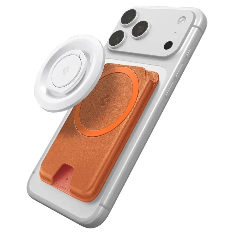 Spigen Valentinus MagFit + MagSafe – magnetinė piniginė (metalinė oranžinė)