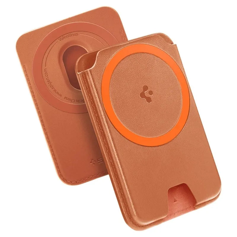 Spigen Valentinus MagFit + MagSafe – magnetinė piniginė (metalinė oranžinė)