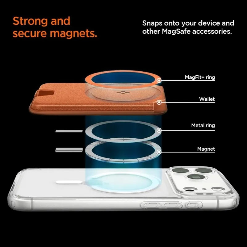 Spigen Valentinus MagFit + MagSafe – magnetinė piniginė (metalinė oranžinė)
