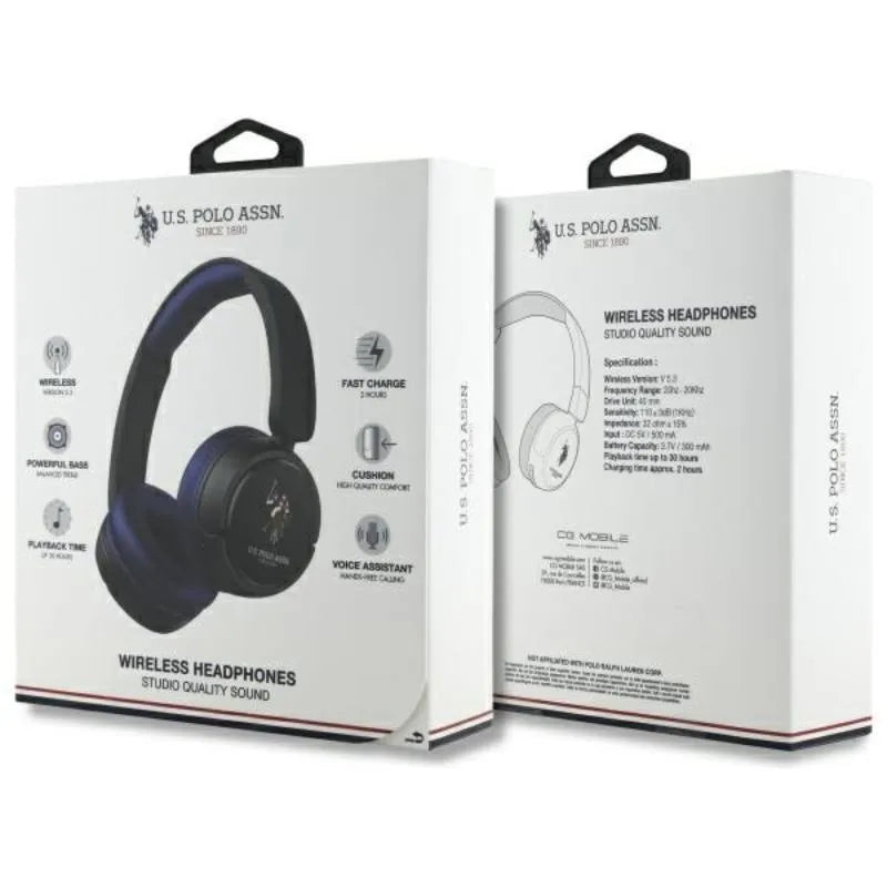 US Polo Assn DH spalvotas logotipas – belaidės, ant ausų dedamos "Bluetooth" ausinės V5.3 (tamsiai mėlyna)