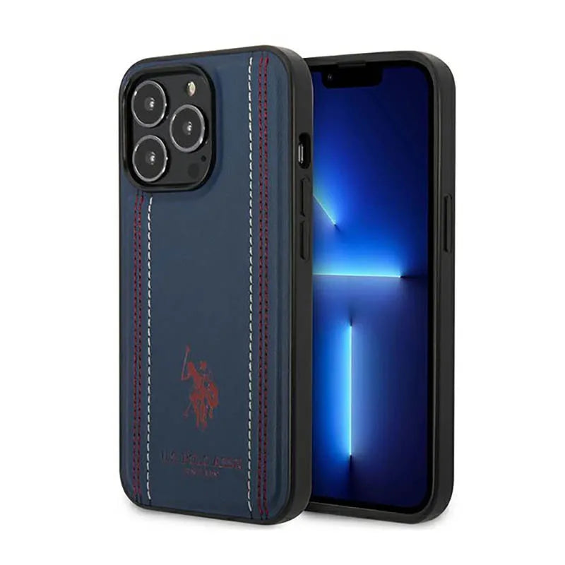 US Polo Assn Leather Stitch – Dėklas iPhone 14 Pro (tamsiai mėlynas)