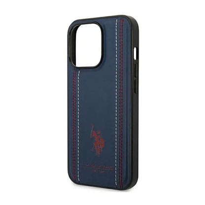 US Polo Assn Leather Stitch – Dėklas iPhone 14 Pro (tamsiai mėlynas)
