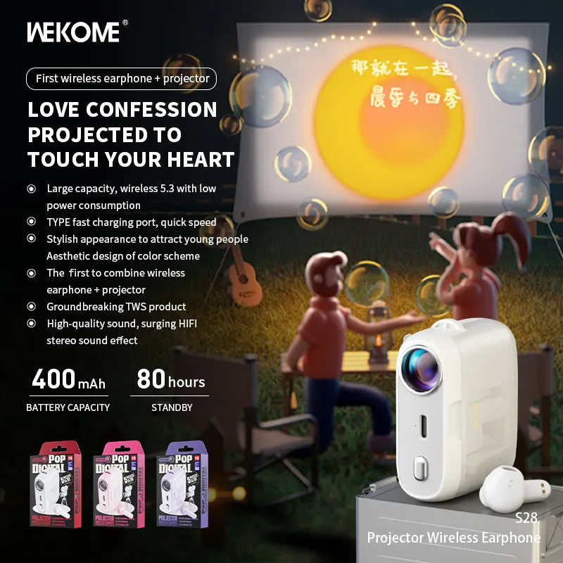WEKOME S28 Pop skaitmeninė serija – belaidės „Bluetooth V5.3 TWS“ ausinės su įkrovimo dėklu su projektoriaus funkcija (baltos)